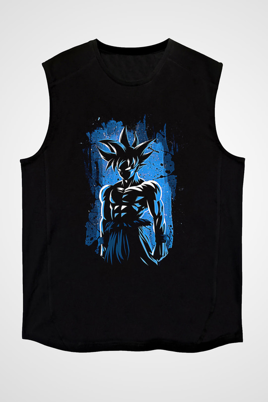 Goku Baskılı Unisex Siyah Kolsuz Tişört - Tshirt