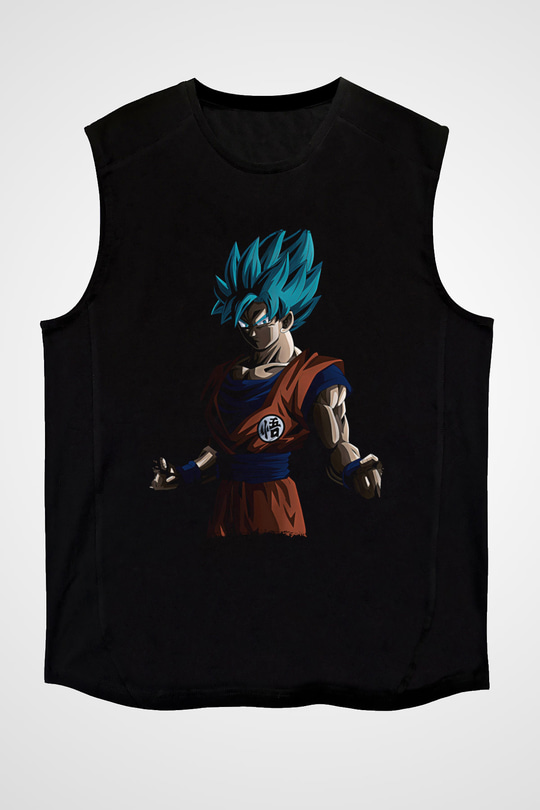 Goku Baskılı Unisex Siyah Kolsuz Tişört - Tshirt