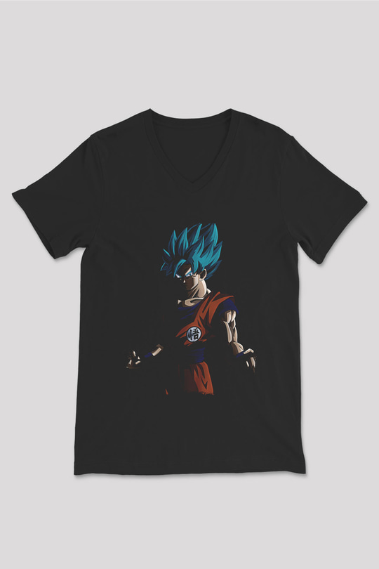 Goku Baskılı Unisex Siyah V Yaka Tişört - Tshirt