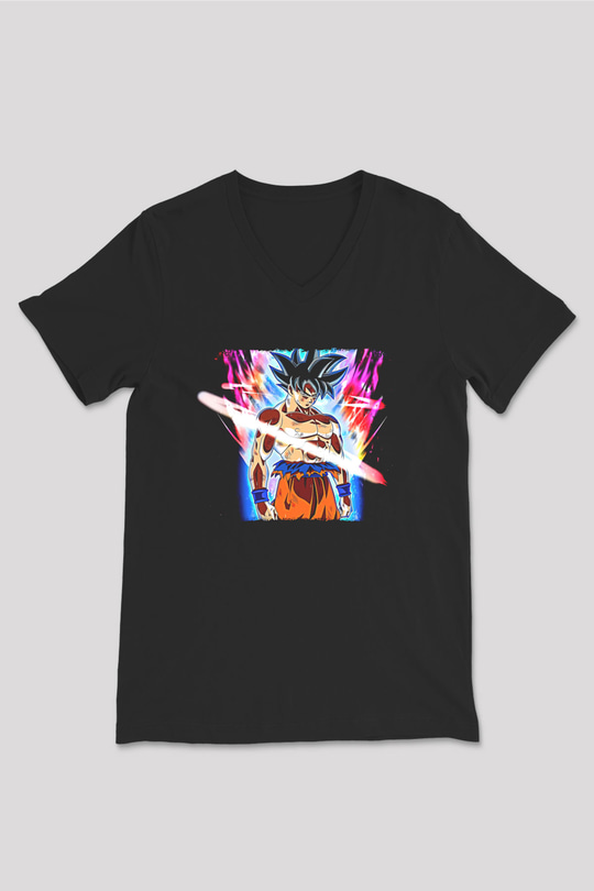 Goku Baskılı Unisex Siyah V Yaka Tişört - Tshirt