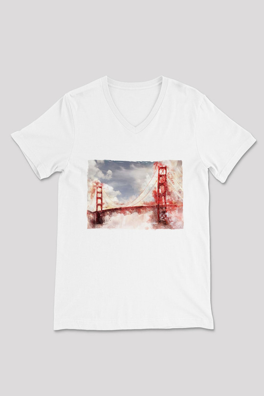Golden Gate Bridge Beyaz Unisex V Yaka Tişört