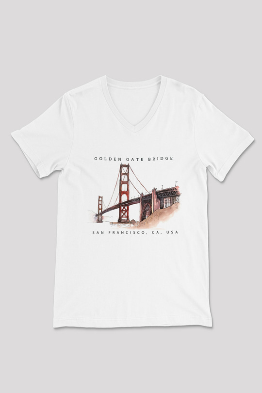 Golden Gate Bridge Beyaz Unisex V Yaka Tişört