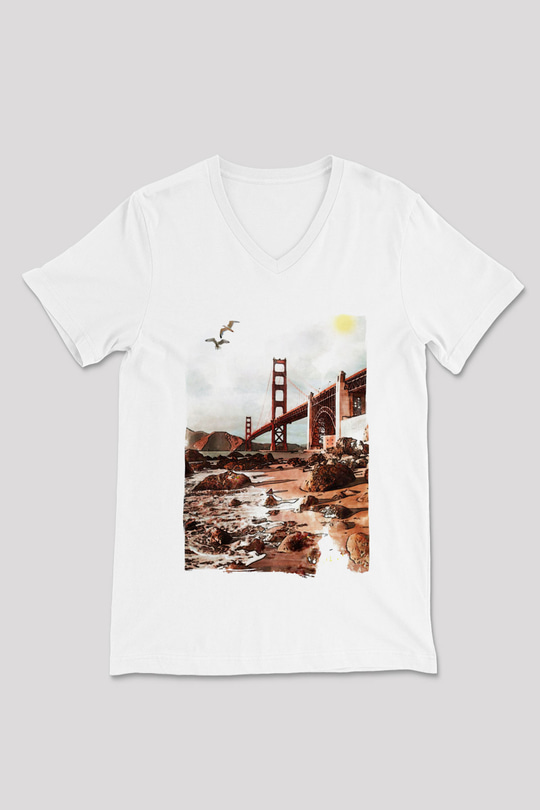 Golden Gate Bridge Beyaz Unisex V Yaka Tişört
