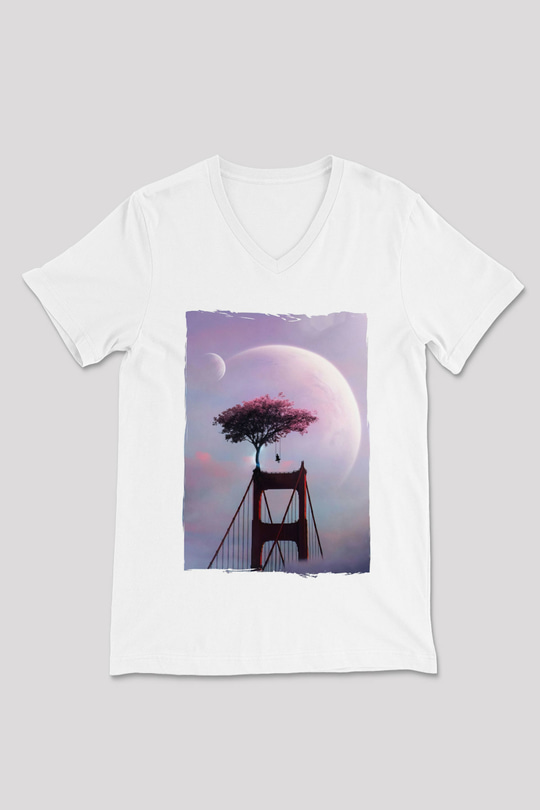 Golden Gate Bridge Beyaz Unisex V Yaka Tişört