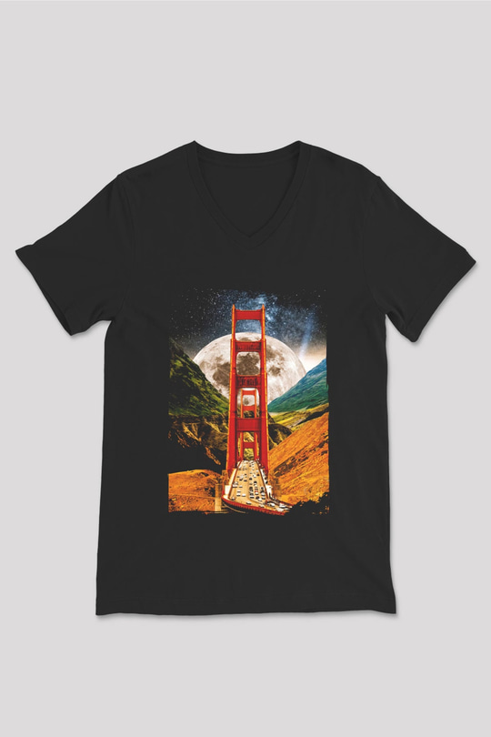 Golden Gate Bridge Siyah Unisex V Yaka Tişört