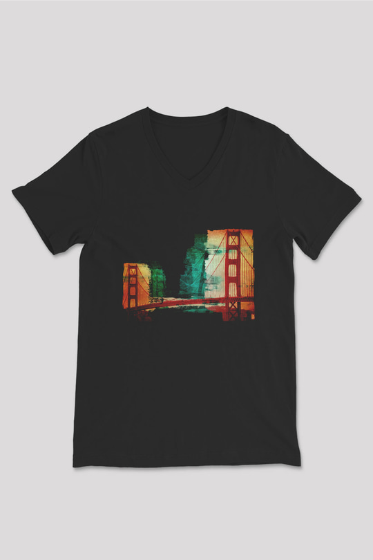 Golden Gate Bridge Siyah Unisex V Yaka Tişört