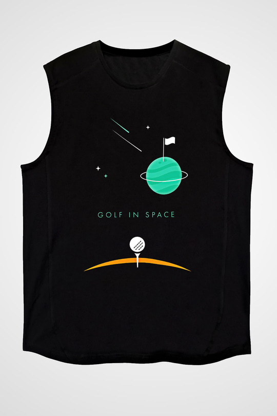 Golf Baskılı Unisex Siyah Kolsuz Tişört