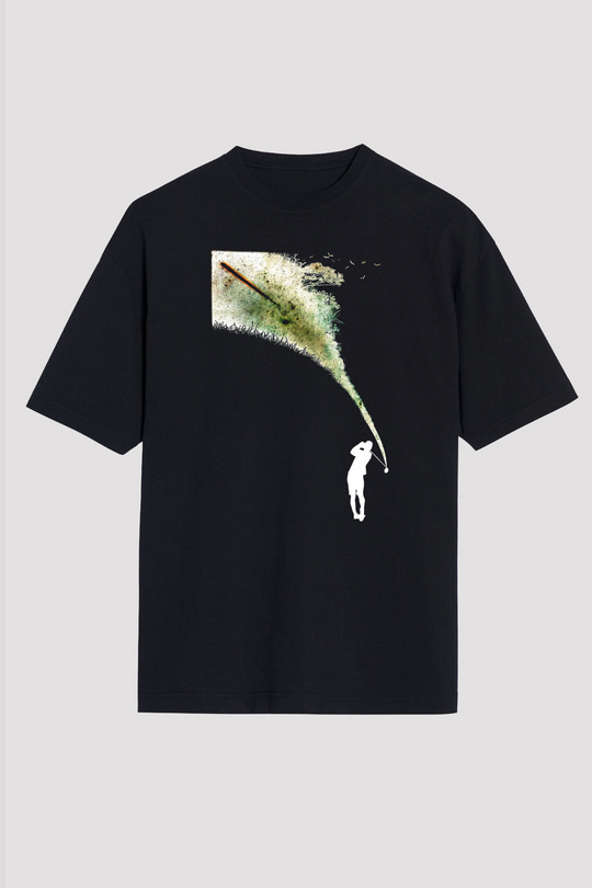 Golf Baskılı Unisex Siyah Oversize Tişört