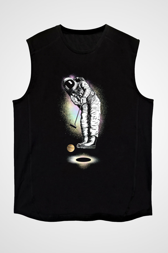 Golf Oynayan Astronot Baskılı Unisex Siyah  Kolsuz Tişört