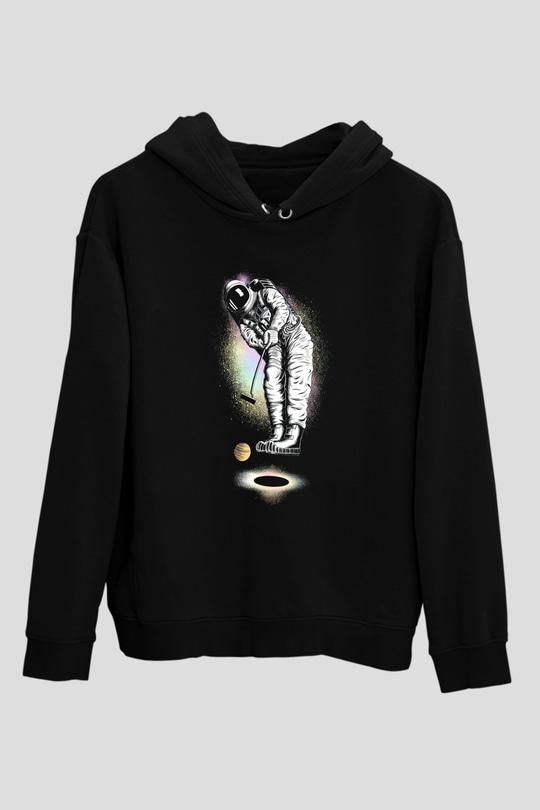 Golf Oynayan AstronotSiyah  Unisex Hoodie