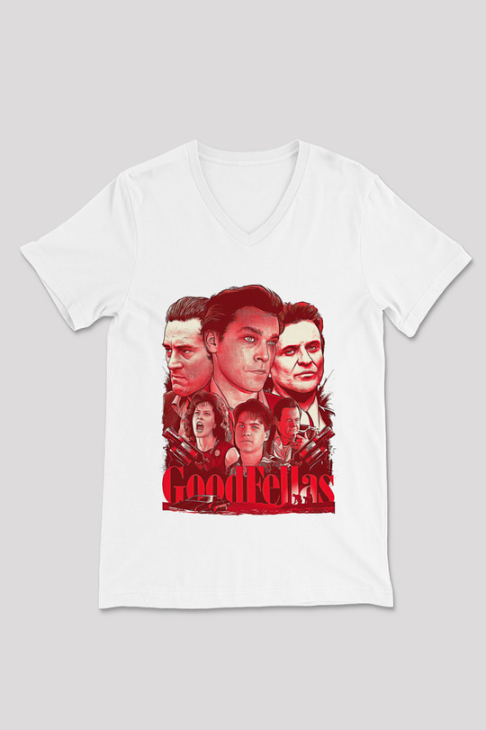 Goodfellas Baskılı Beyaz Unisex V Yaka Tişört - Tshirt