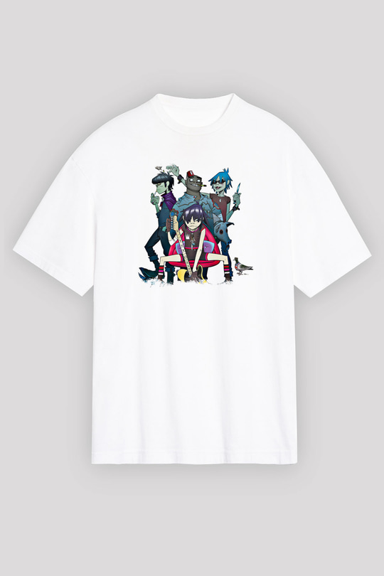 Gorillaz Baskılı Unisex Beyaz Oversize Tişört