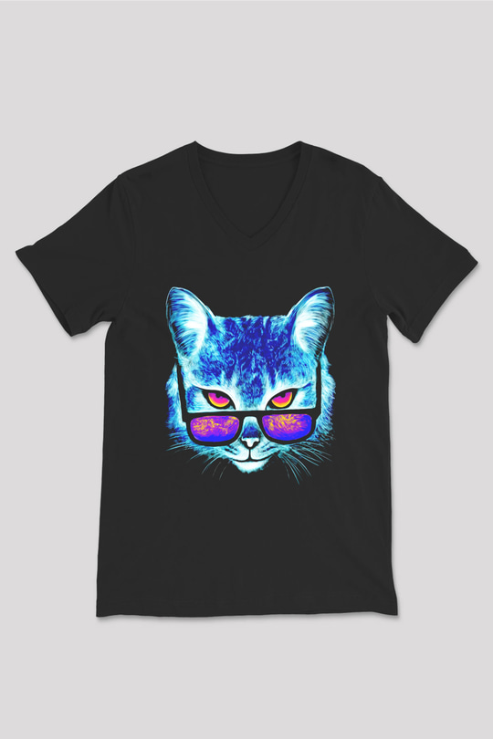 Gözlüklü Kedi Baskılı Unisex Siyah  V Yaka Tişört