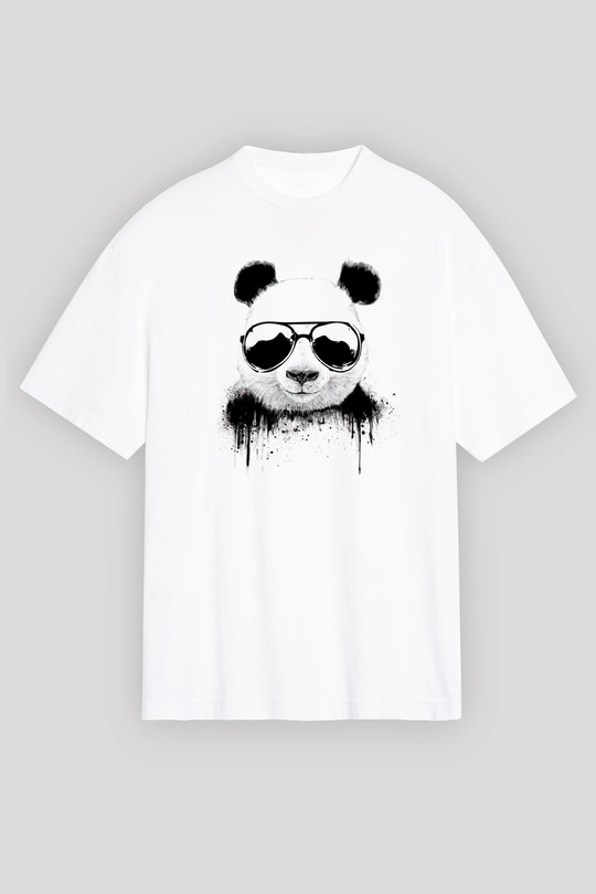 Gözlüklü Panda Baskılı Unisex Beyaz Tişört