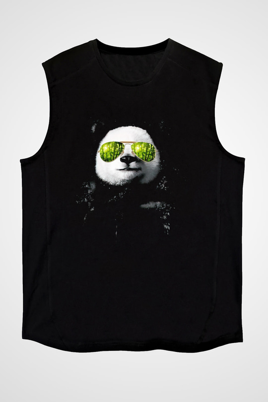 Gözlüklü Panda Baskılı Unisex Siyah  Kolsuz Tişört