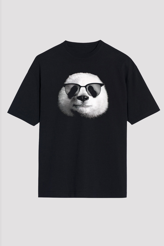 Gözlüklü Panda Baskılı Unisex Siyah Tişört