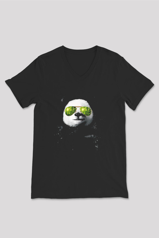Gözlüklü Panda Baskılı Unisex Siyah  V Yaka Tişört