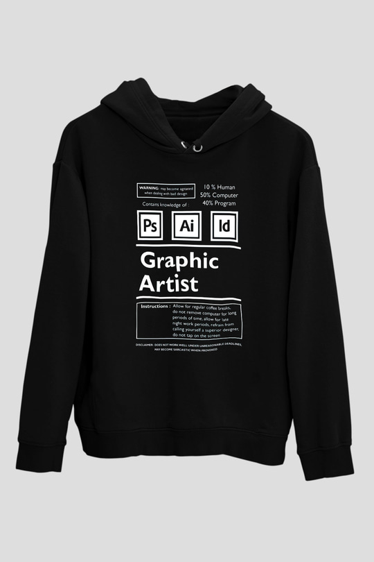 Grafiker Siyah Unisex Kapüşonlu Sweatshirt