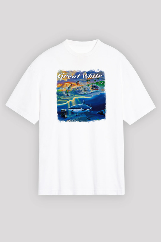 Great White Baskılı Unisex Beyaz Oversize Tişört
