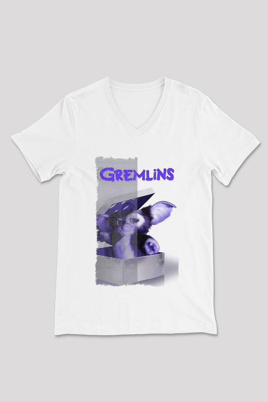 Gremlins Beyaz Unisex V Yaka Tişört