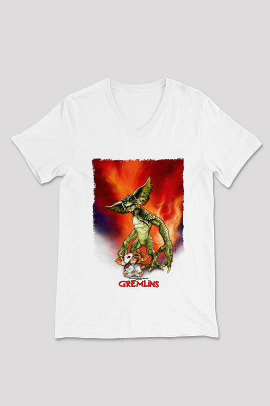 Gremlins Beyaz Unisex V Yaka Tişört