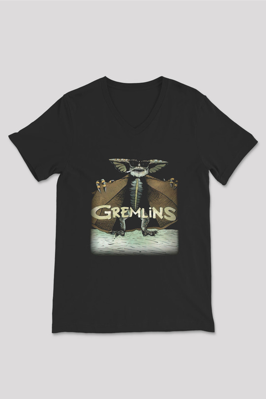 Gremlins Siyah Unisex V Yaka Tişört T-Shirt