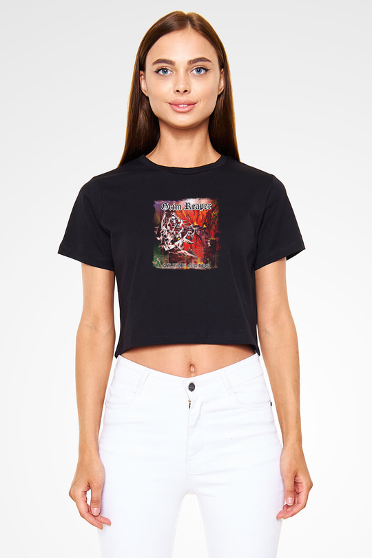 Grim Reaper Baskılı Unisex Siyah Crop Top Tişört