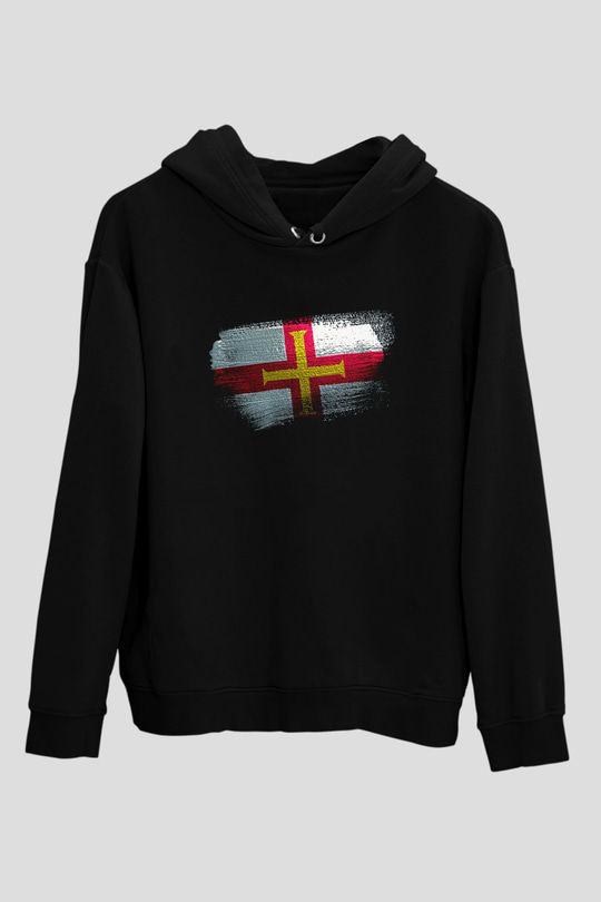 Guernsey Bayrağı Baskılı Unisex Siyah Hoodie