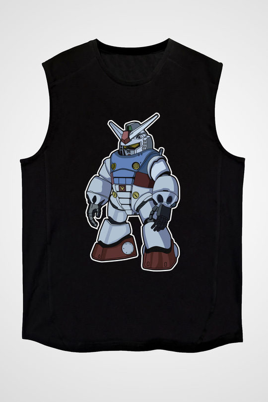 Gundam Robot Baskılı Unisex Siyah Kolsuz Tişört