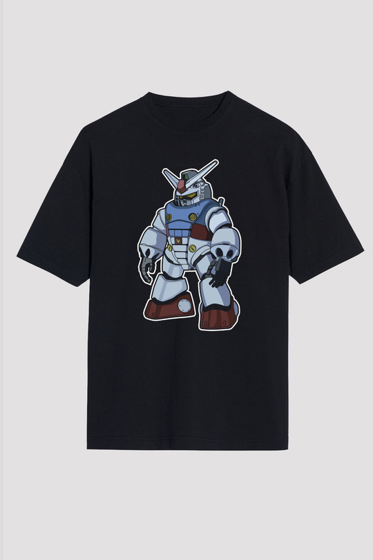Gundam Robot Baskılı Unisex Siyah Oversize Tişört
