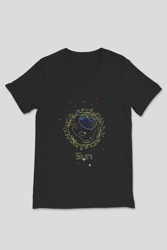 Güneş Çizim Baskılı Unisex V Yaka Siyah Tİşört - Tshirt