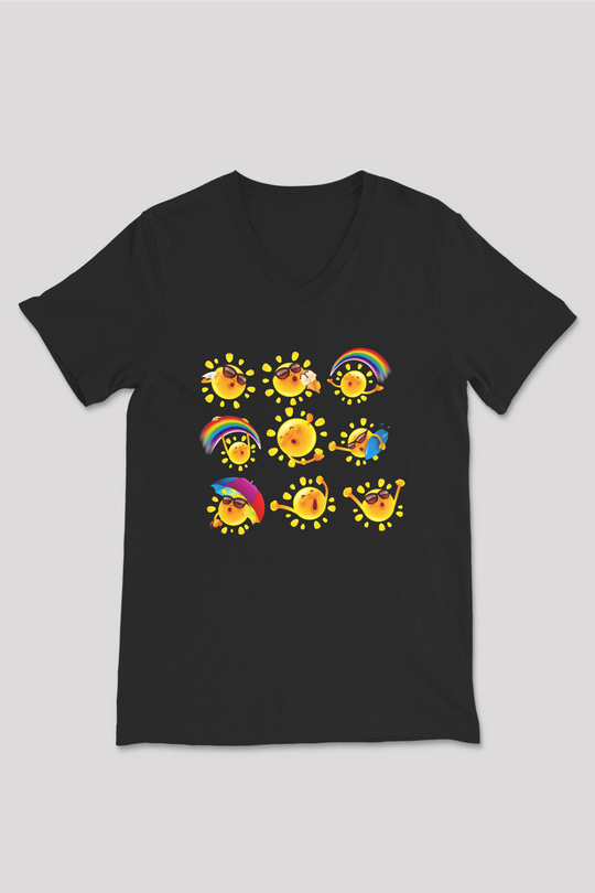 Güneş Siyah Unisex V Yaka Tişört T-Shirt