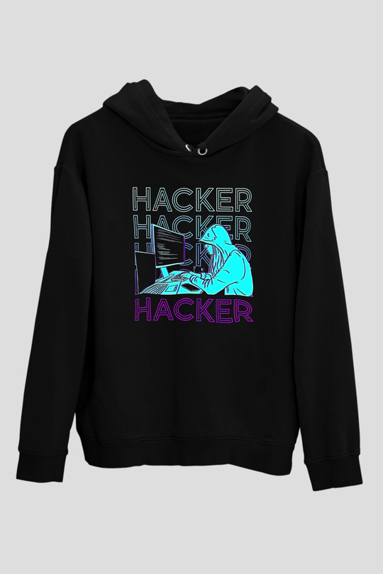 Hacker Baskılı Unisex Siyah Hoodie