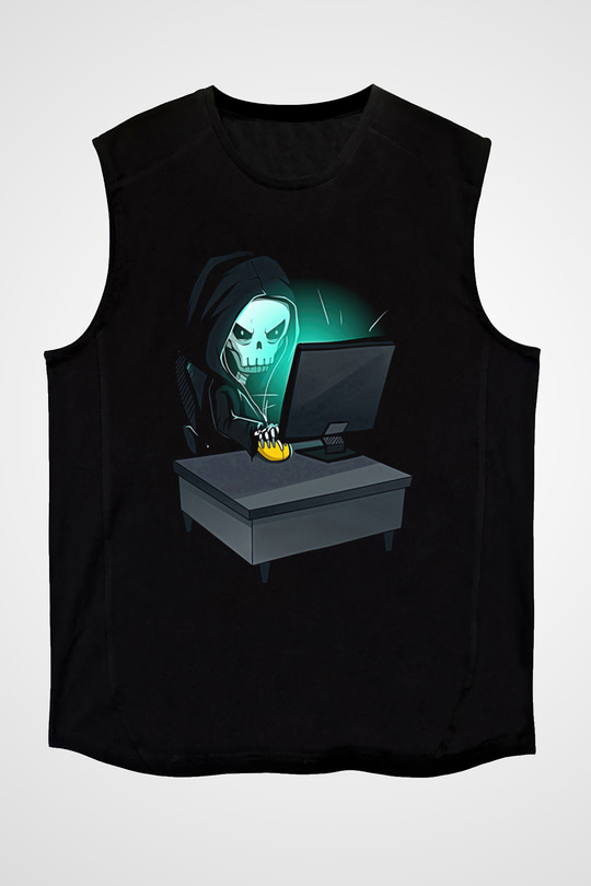 Hacker Baskılı Unisex Siyah Kolsuz Tişört - Tshirt