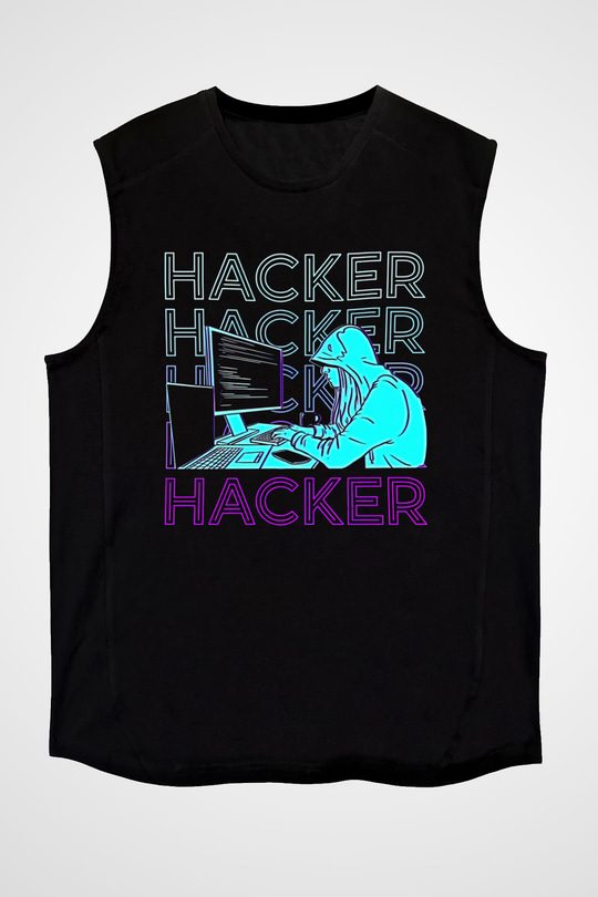 Hacker Baskılı Unisex Siyah Kolsuz Tişört - Tshirt