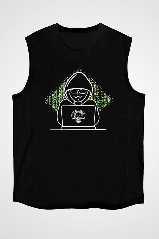 Hacker Baskılı Unisex Siyah Kolsuz Tişört - Tshirt