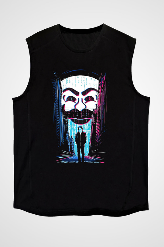 Hacker Baskılı Unisex Siyah Kolsuz Tişört - Tshirt