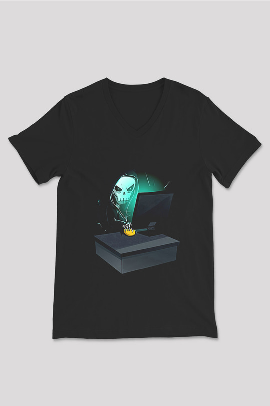 Hacker Baskılı Unisex Siyah V Yaka Tişört - Tshirt