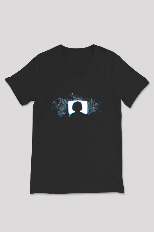 Hacker Baskılı Unisex Siyah V Yaka Tişört - Tshirt