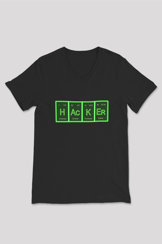 Hacker Baskılı Unisex Siyah V Yaka Tişört - Tshirt