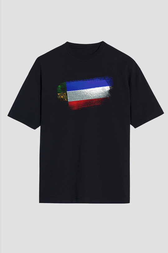 Hakasya - Khakassia Bayrağı Baskılı Unisex Siyah Oversize Tişört