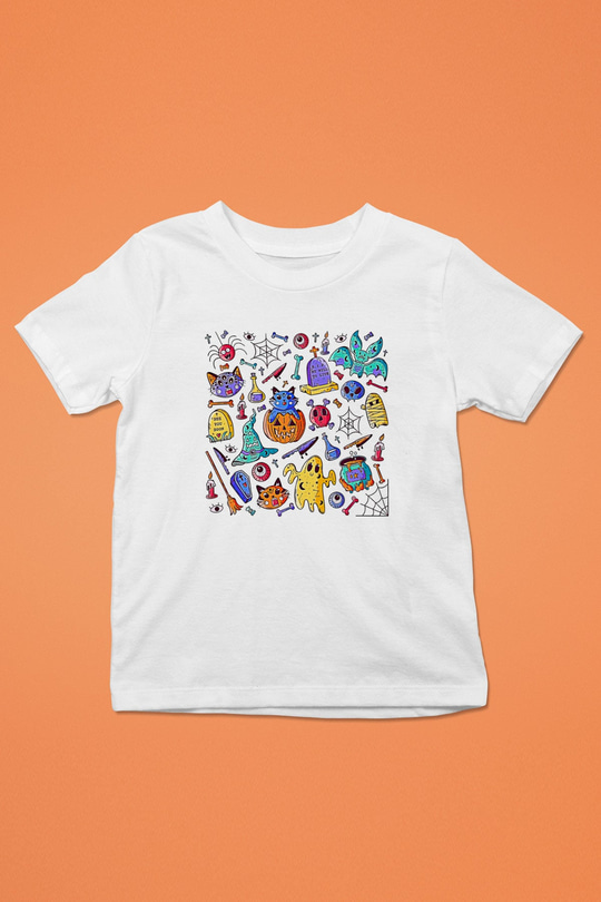 Halloween Baskılı Beyaz Unisex Beyaz Çocuk Tişört - Tshirt