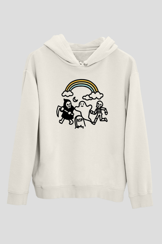 Halloween Baskılı Beyaz Unisex Kapüşonlu Sweatshirt