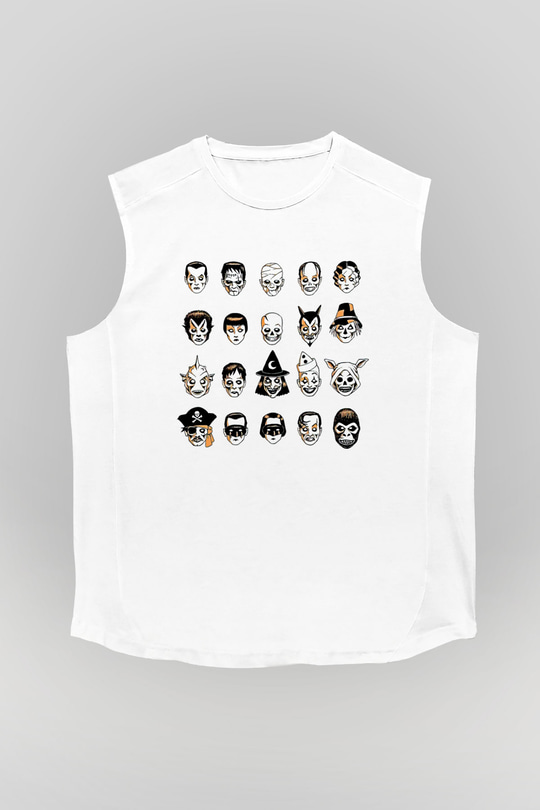 Halloween Baskılı Beyaz Unisex Kolsuz Tişört - Tshirt