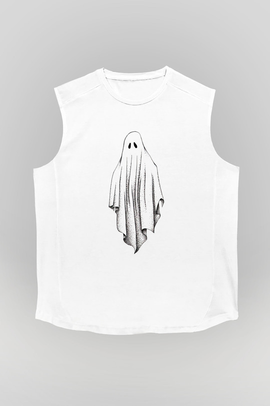 Halloween Baskılı Beyaz Unisex Kolsuz Tişört - Tshirt