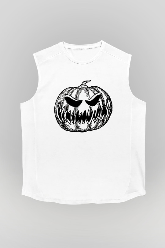 Halloween Baskılı Beyaz Unisex Kolsuz Tişört - Tshirt