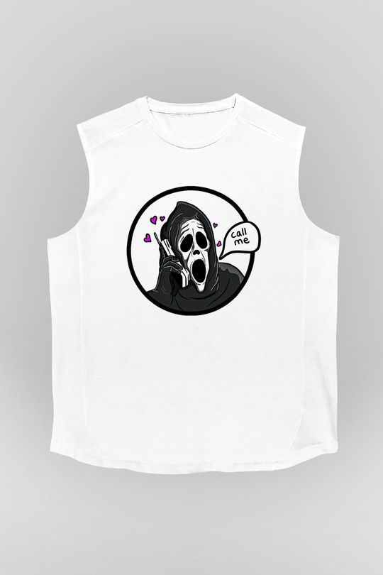 Halloween Baskılı Beyaz Unisex Kolsuz Tişört - Tshirt