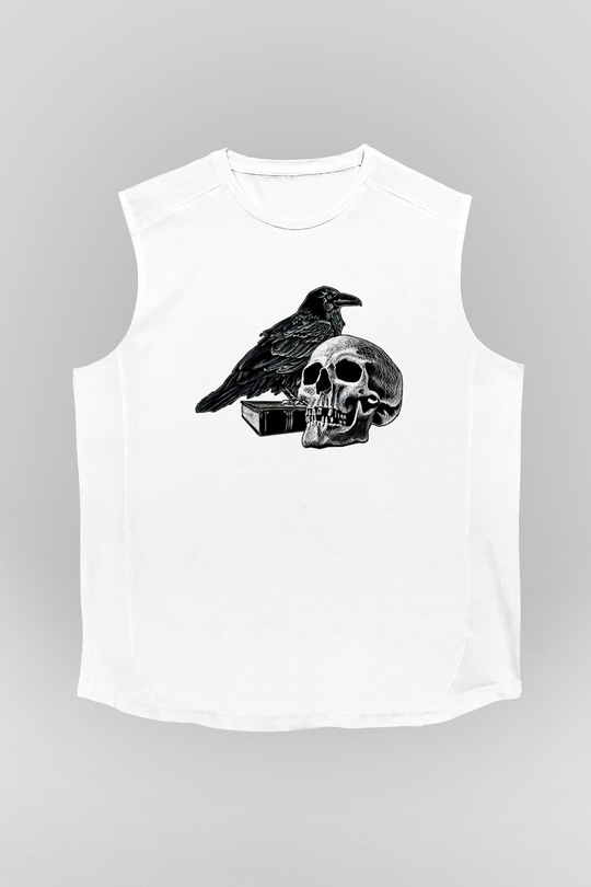 Halloween Baskılı Beyaz Unisex Kolsuz Tişört - Tshirt