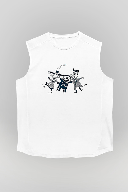 Halloween Baskılı Beyaz Unisex Kolsuz Tişört - Tshirt