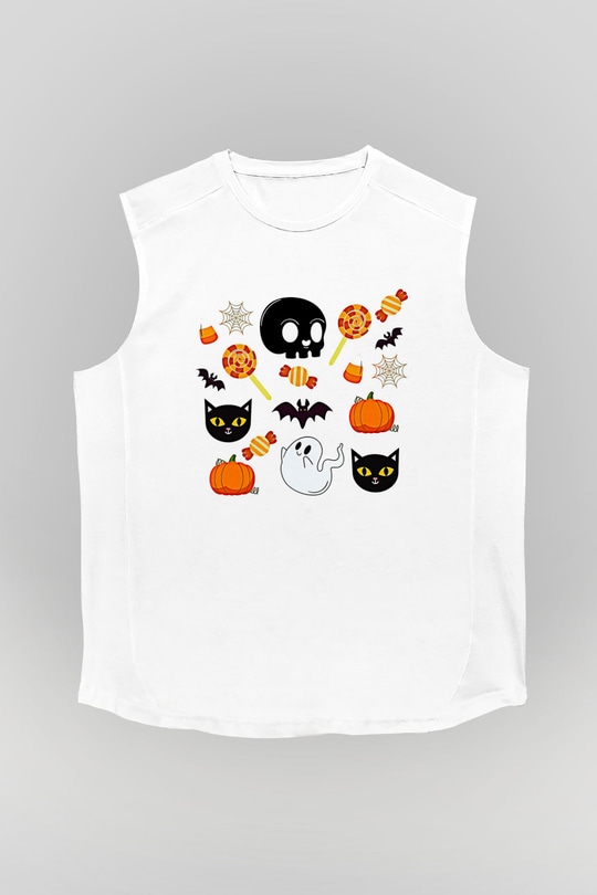 Halloween Baskılı Beyaz Unisex Kolsuz Tişört - Tshirt